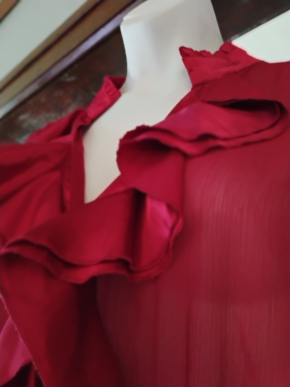 Ashley Stewart Ruffle-Front Sheer Blouse in Deep Red - Picture 10 of 14